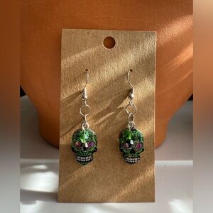 Handmade Green and Pink Skull Earrings